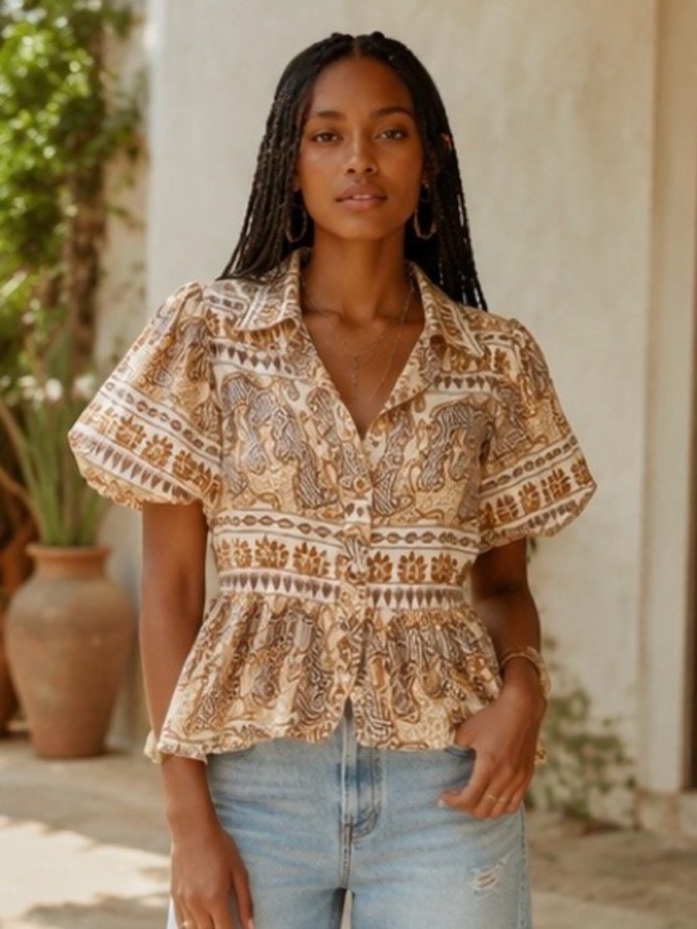 Umgee Artsy Animal Print Peplum Blouse | Boho Button Front Button Front | Medium